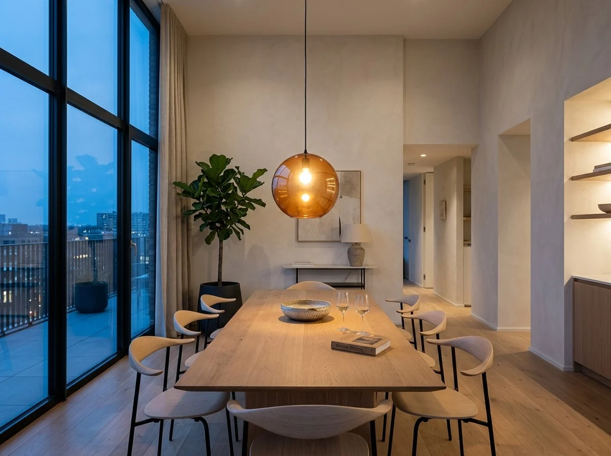 borostyán OPAL függeszték egy modern étkező tölgyfa asztala fölött, esti fényben