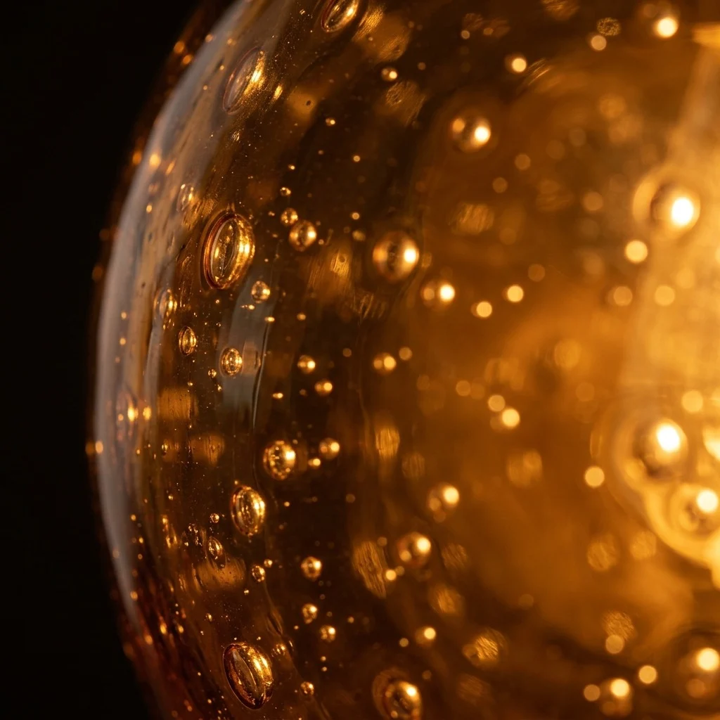 Az OPAL buborékos búra üvegfala közelről, borostyán színben, belülről megvilágítva